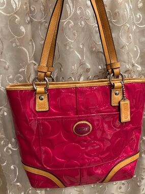Coach Hot Pink Patent Leather Tote with Tan Trim